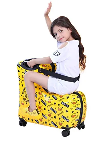 AO WEI LA OW Cute Unisex Kids Ride on Suitcase Travel Trolley Case Spinner Carry on Luggage with Wheels suggest fits to kids aged 3-6 years old(Yellow/01, 20 Inch)