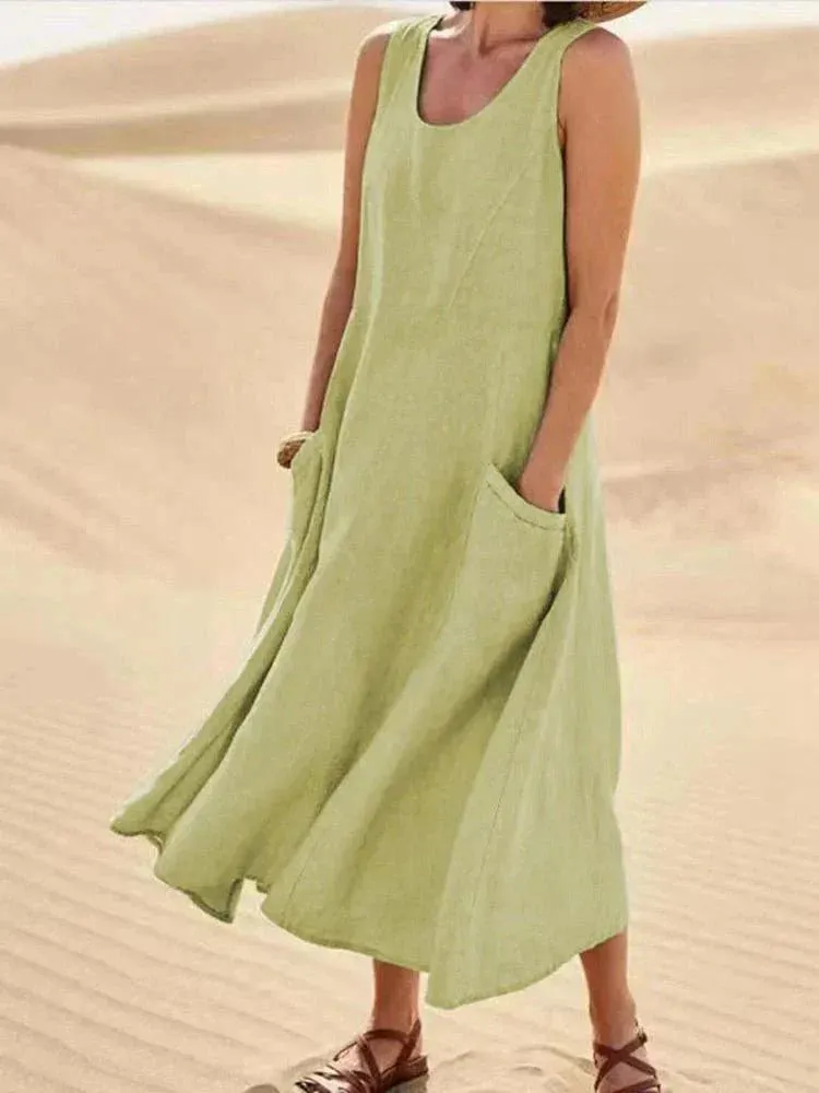 BellaChic Women's Linen Maxi Dress with Handy Pockets