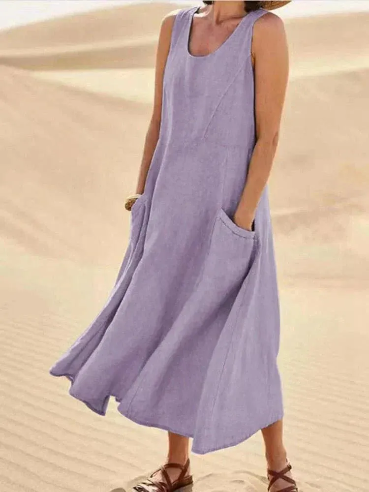 BellaChic Women's Linen Maxi Dress with Handy Pockets