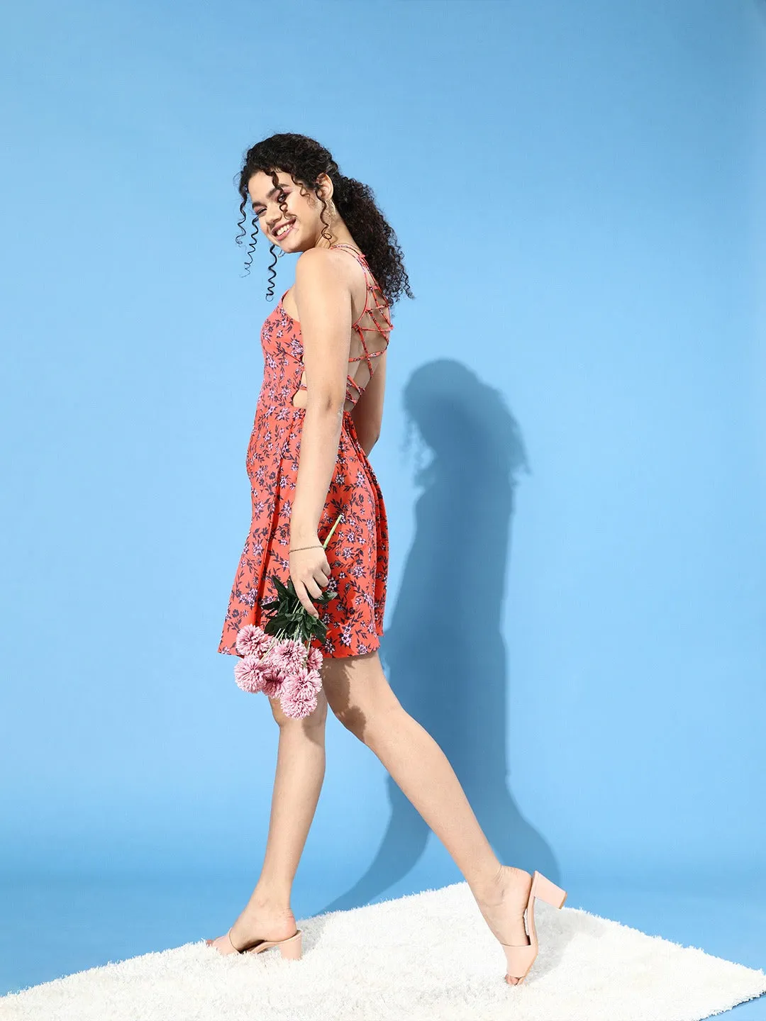 Berrylush Women Orange Floral Printed Crepe Fit & Flare Mini Dress