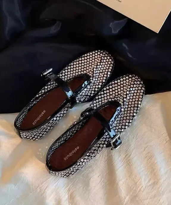 Black Walking Sandals Comfy Splicing Hollow Out Zircon Buckle Strap AA041