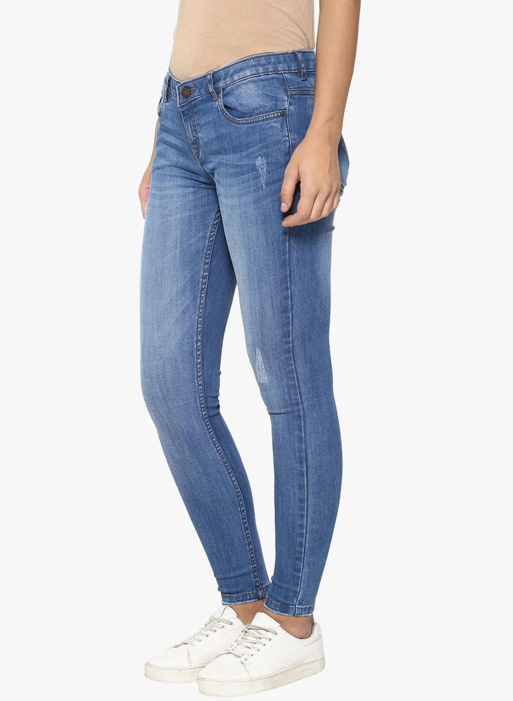 Blue Solid Light Fade Distressed Jeans