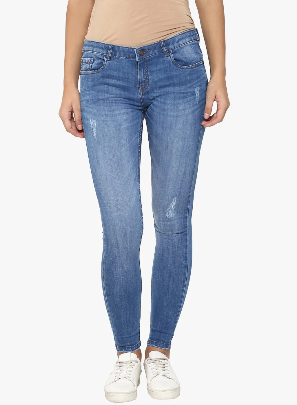 Blue Solid Light Fade Distressed Jeans