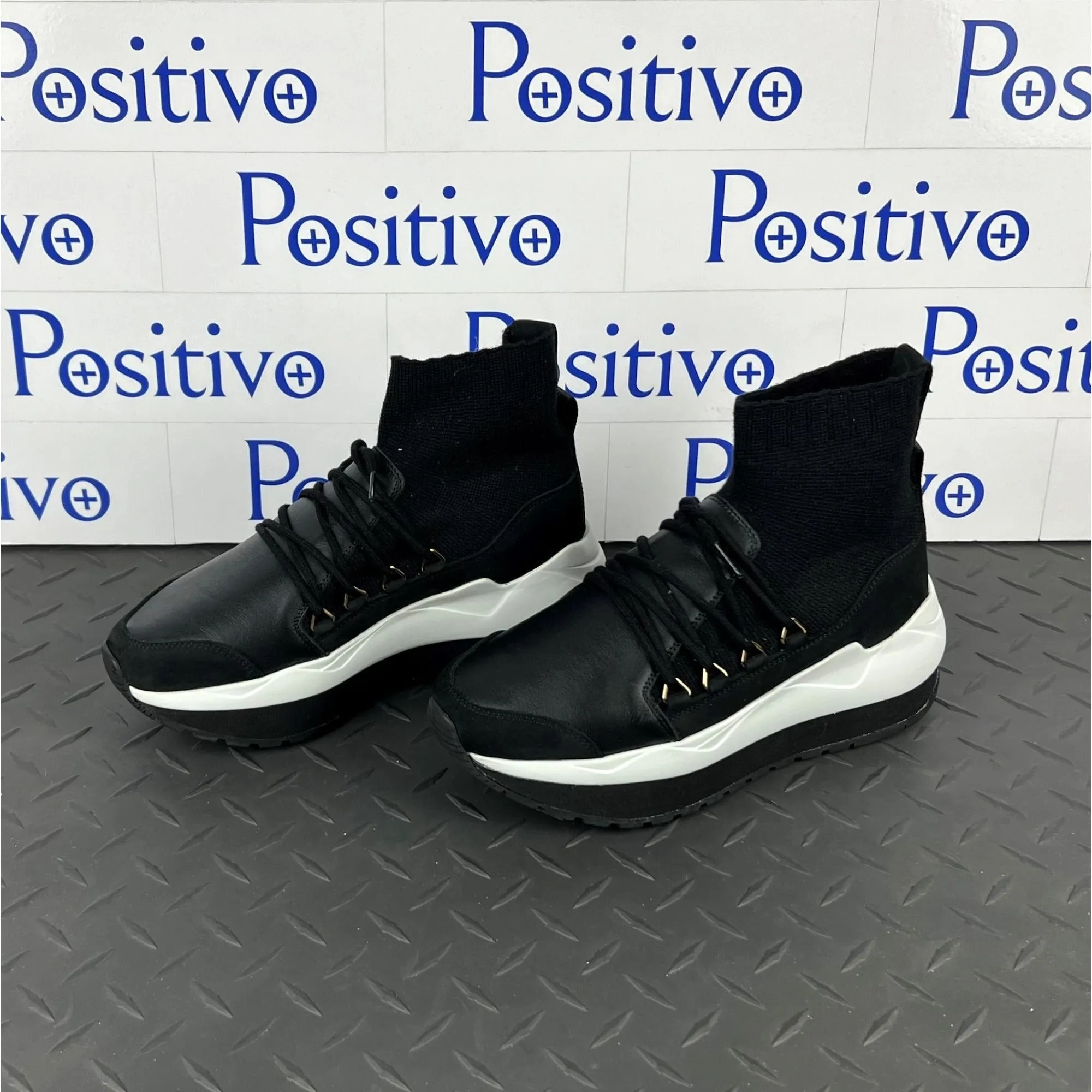 Buscemi Women's Run1 Sock Wedge Black Leather Sneakers SAMPLE