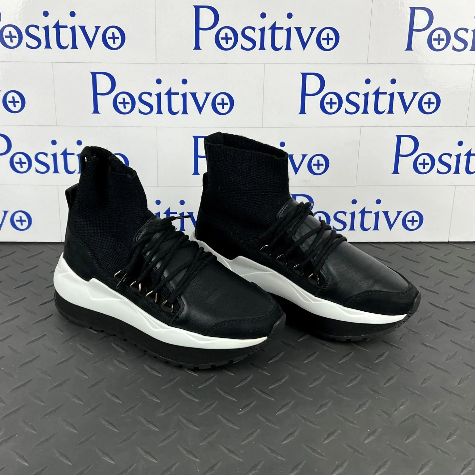 Buscemi Women's Run1 Sock Wedge Black Leather Sneakers SAMPLE