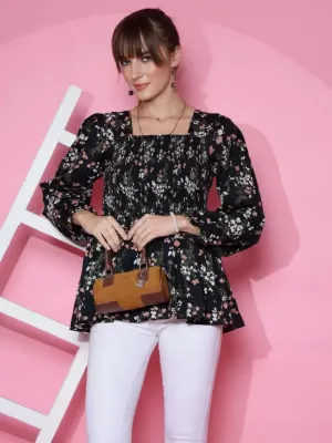 Casual Black Printed Peplum Top