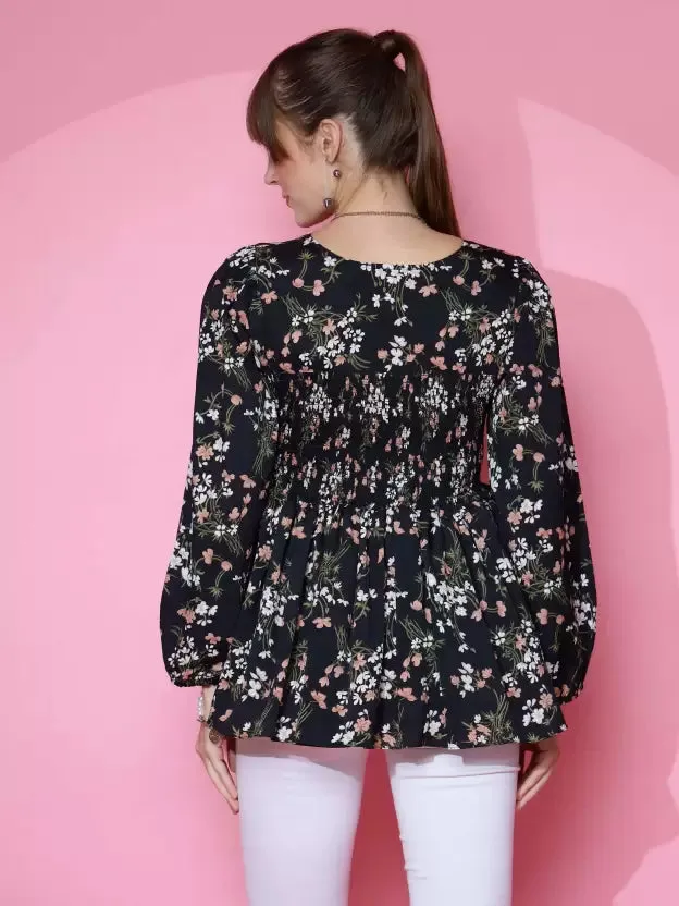 Casual Black Printed Peplum Top