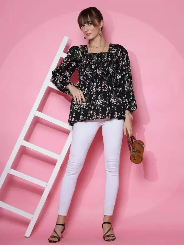 Casual Black Printed Peplum Top