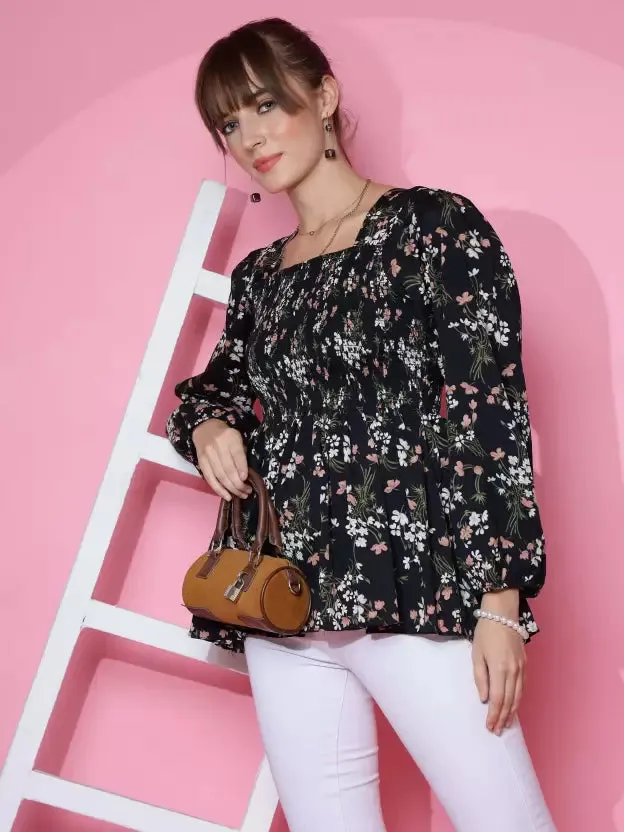 Casual Black Printed Peplum Top