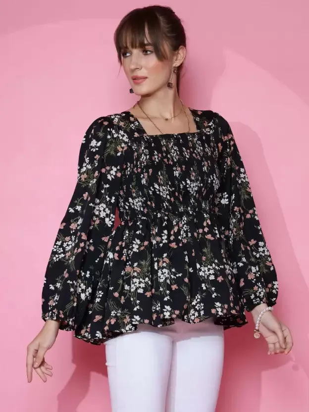 Casual Black Printed Peplum Top