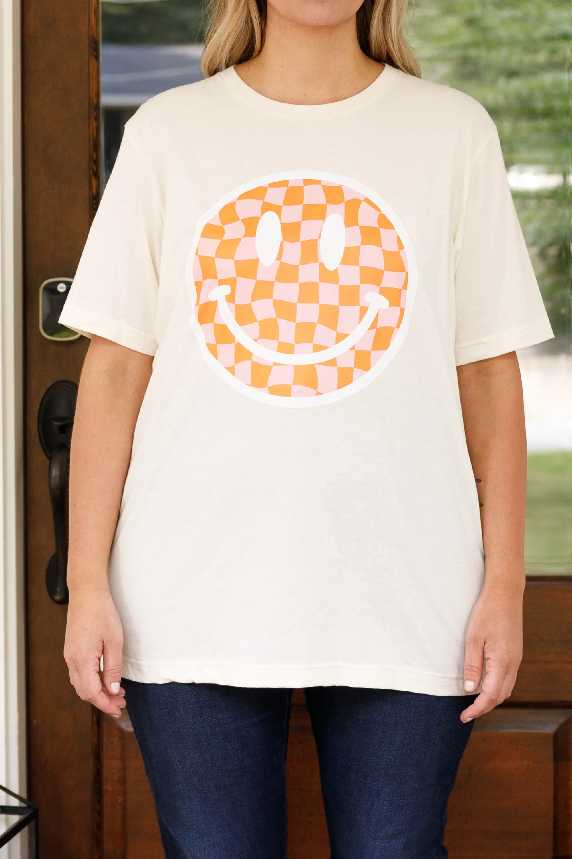 Checkered Pink Smiley Tee, Natural