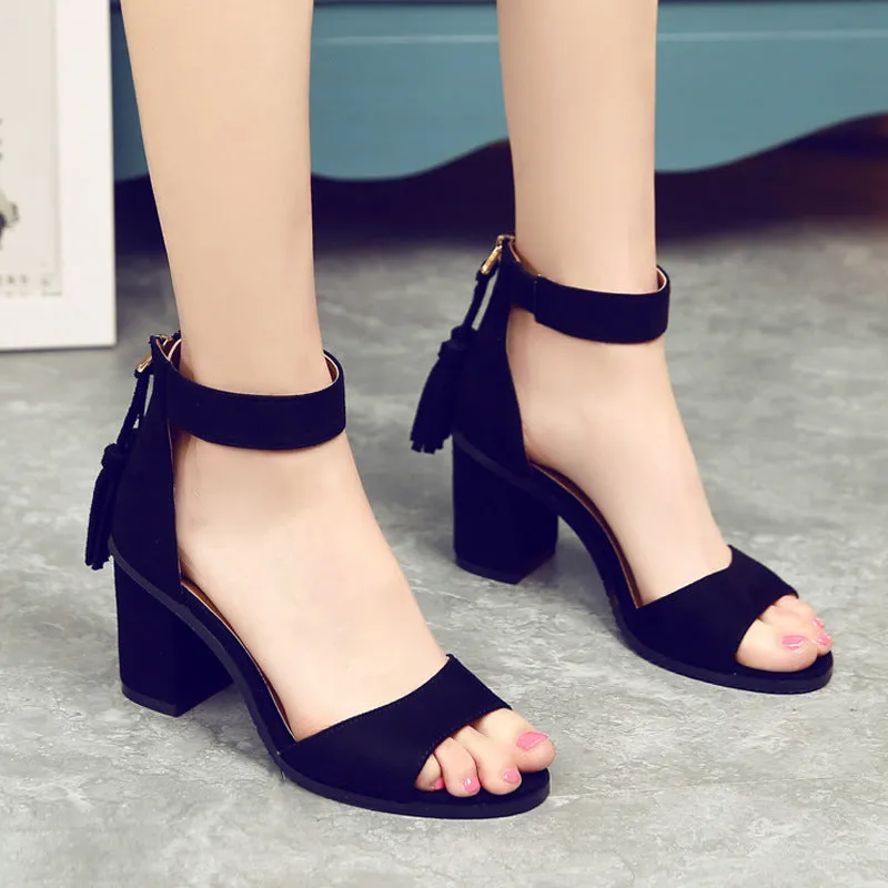 Chunky Heel Peep-toe Tassels Suede Ankle Strap Sandals