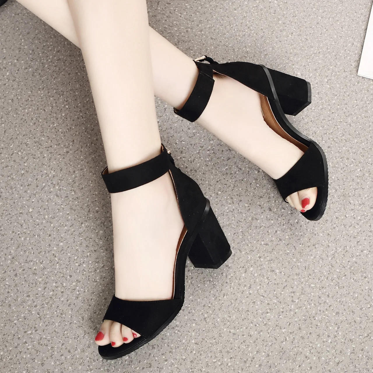 Chunky Heel Peep-toe Tassels Suede Ankle Strap Sandals