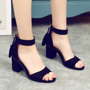 Chunky Heel Peep-toe Tassels Suede Ankle Strap Sandals