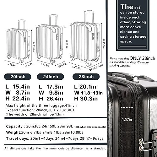 Coolife Luggage Expandable PC ABS Spinner - New White Grid