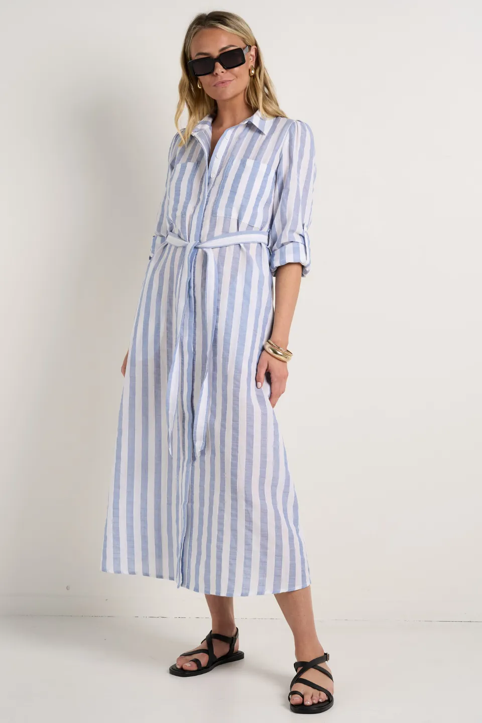 Cyprus Blue Stripe LS Shirt Midi Dress