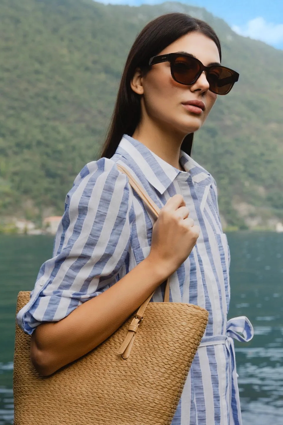 Cyprus Blue Stripe LS Shirt Midi Dress