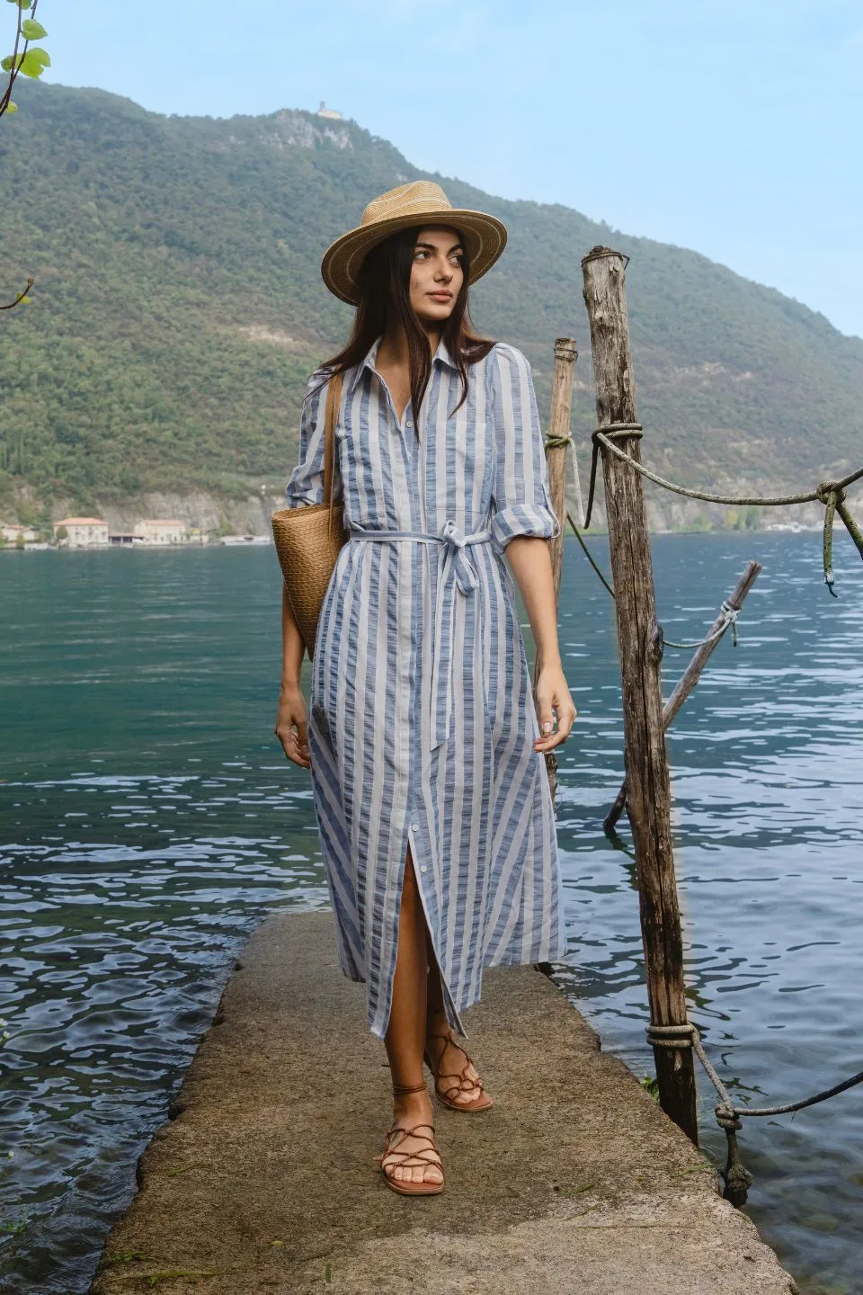 Cyprus Blue Stripe LS Shirt Midi Dress