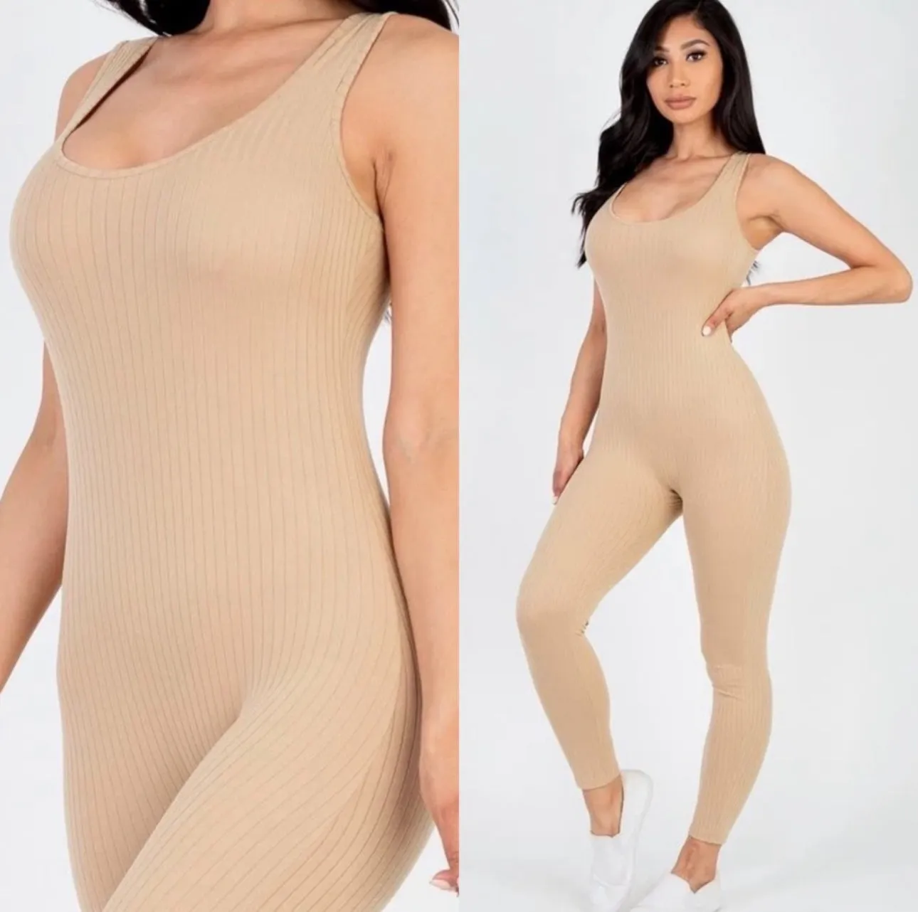 Daily Comfort Ribbed Khaki Tank Top Fitted Jumpsuit