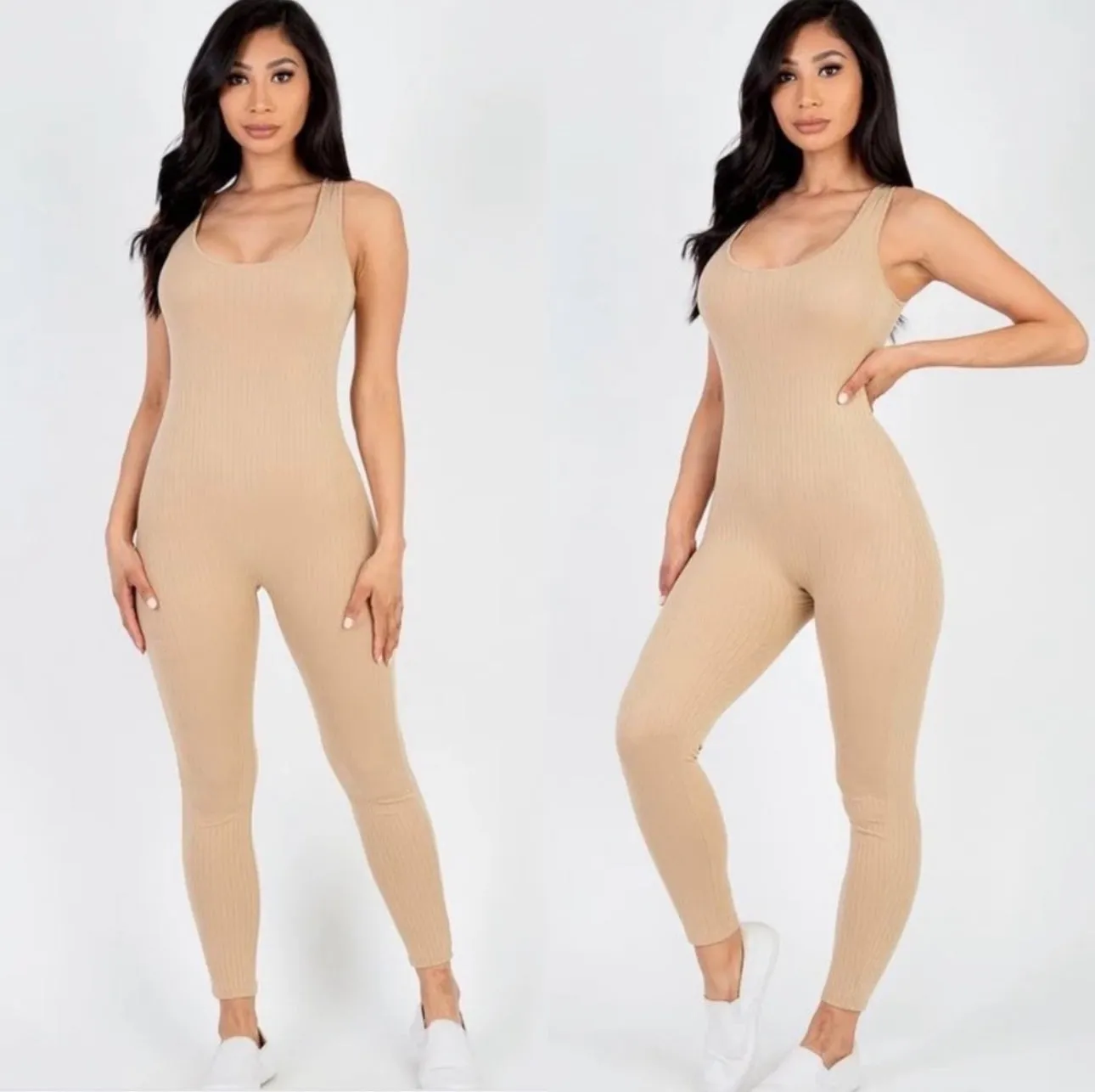 Daily Comfort Ribbed Khaki Tank Top Fitted Jumpsuit