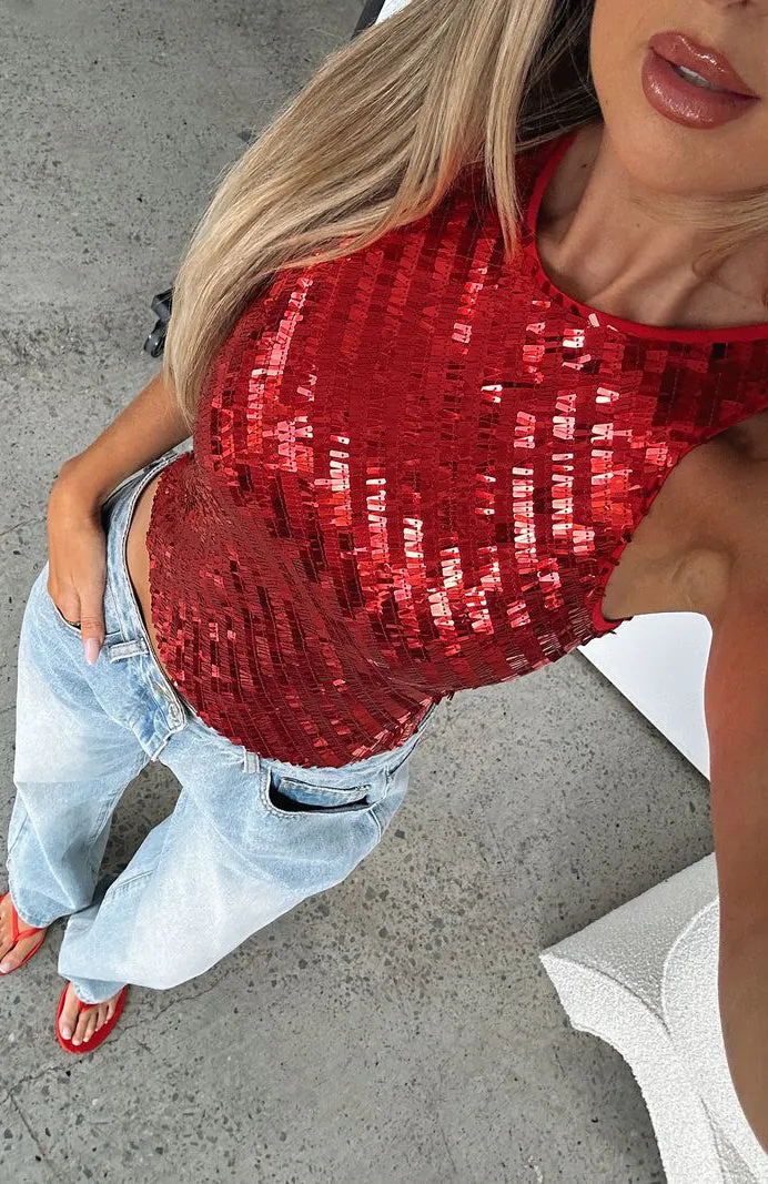 Easy Darling Sequin Top Red