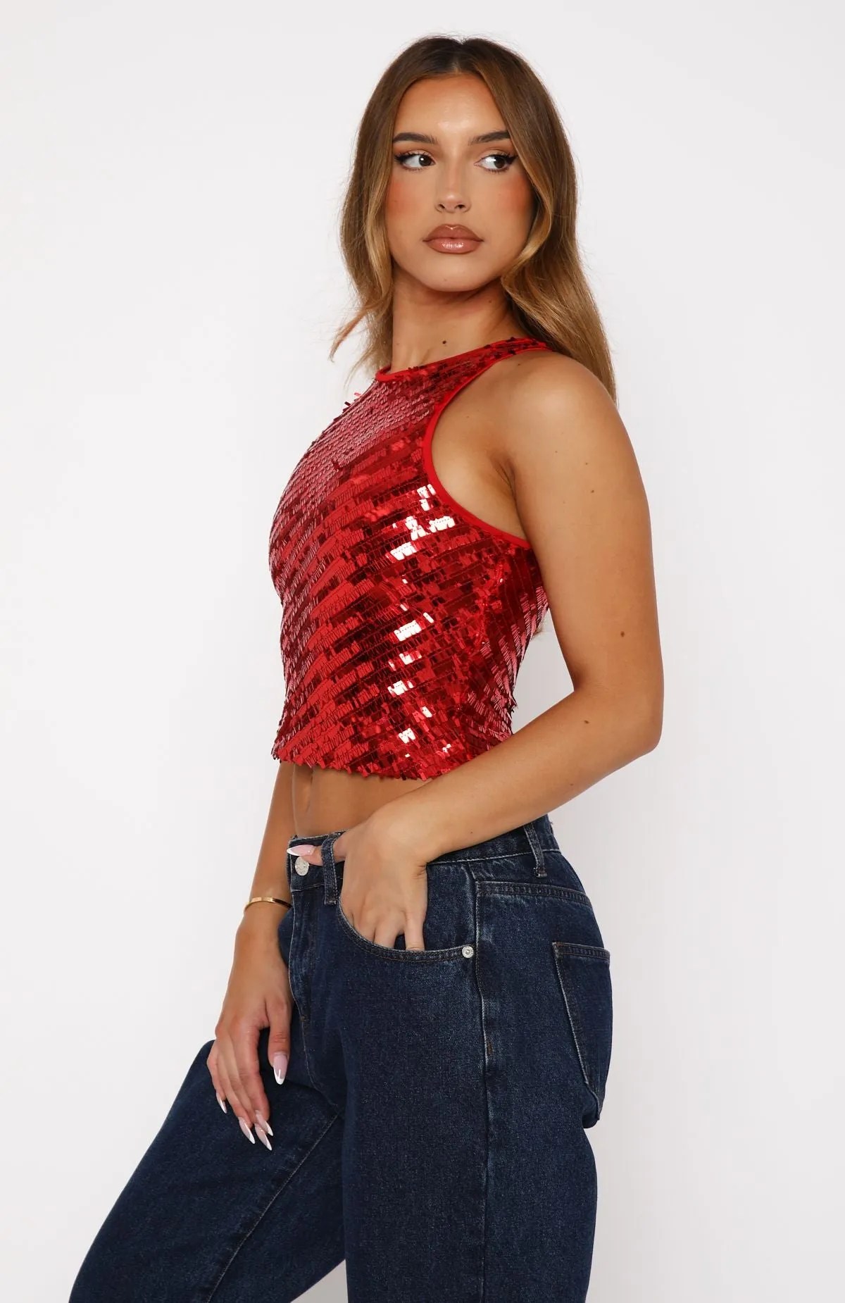 Easy Darling Sequin Top Red