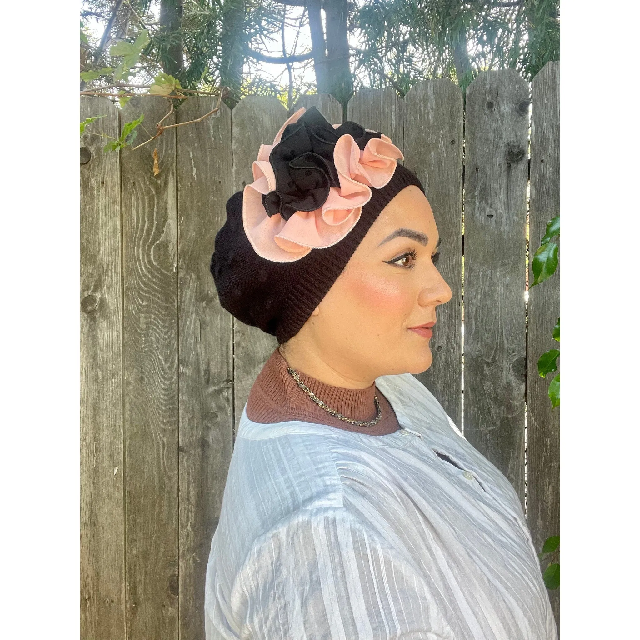 Embellished Cotton French Beret - Black/Pink