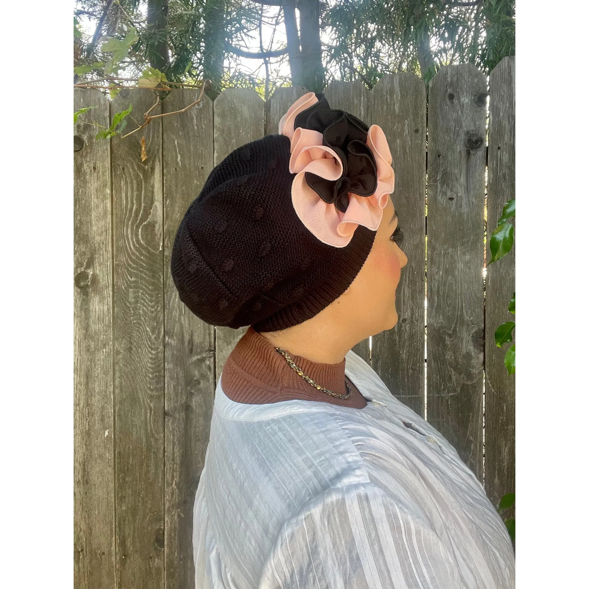 Embellished Cotton French Beret - Black/Pink