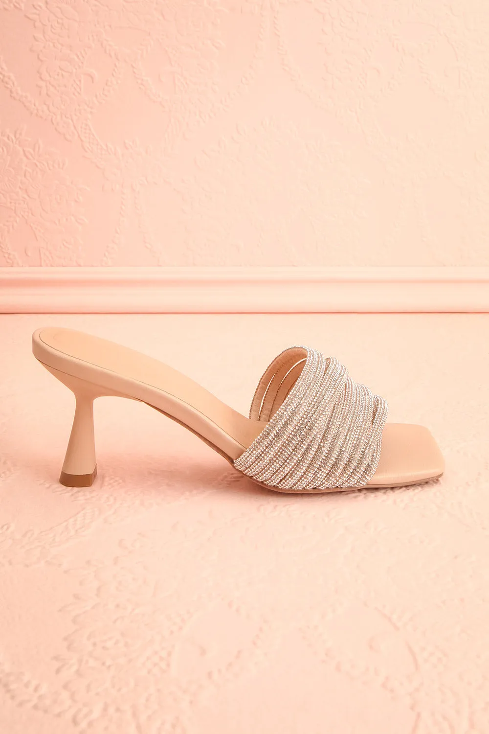 Euthenia Beige | Heeled Sandals w/ Rhinestone Straps