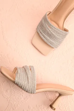 Euthenia Beige | Heeled Sandals w/ Rhinestone Straps