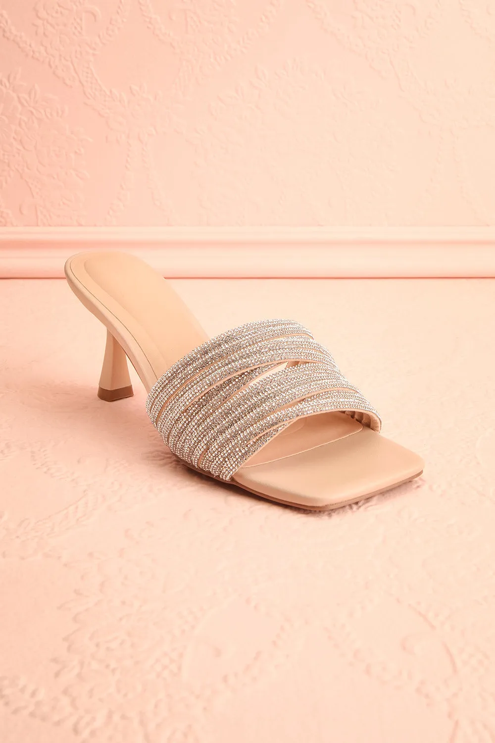Euthenia Beige | Heeled Sandals w/ Rhinestone Straps