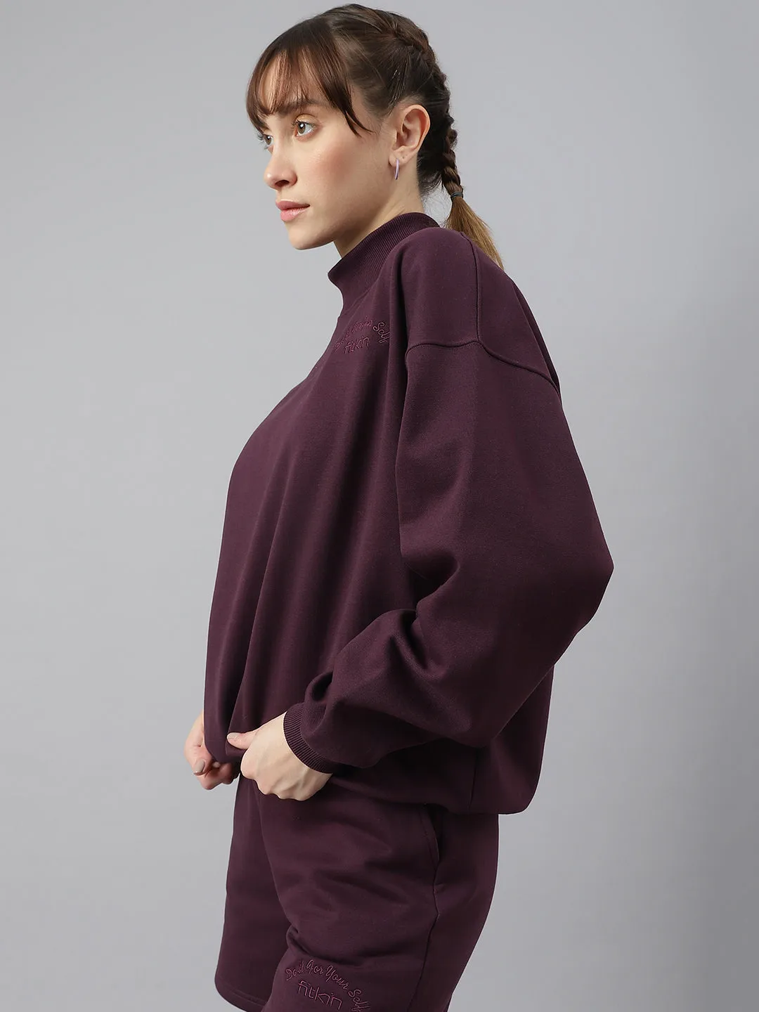Fitkin Women Purple Crew Neck Oversized Sweatshirt