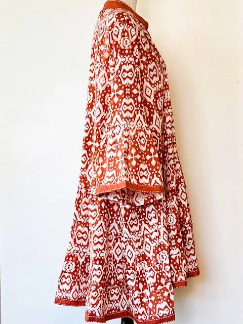 Floral Cotton Long Sleeves Short Dress. Great Transition Dress (Rust)