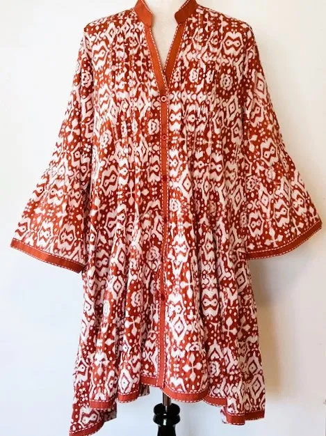 Floral Cotton Long Sleeves Short Dress. Great Transition Dress (Rust)