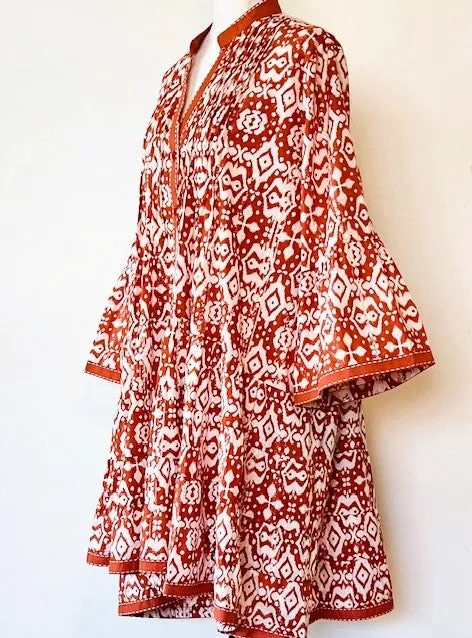 Floral Cotton Long Sleeves Short Dress. Great Transition Dress (Rust)