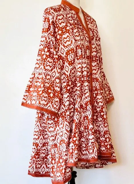 Floral Cotton Long Sleeves Short Dress. Great Transition Dress (Rust)