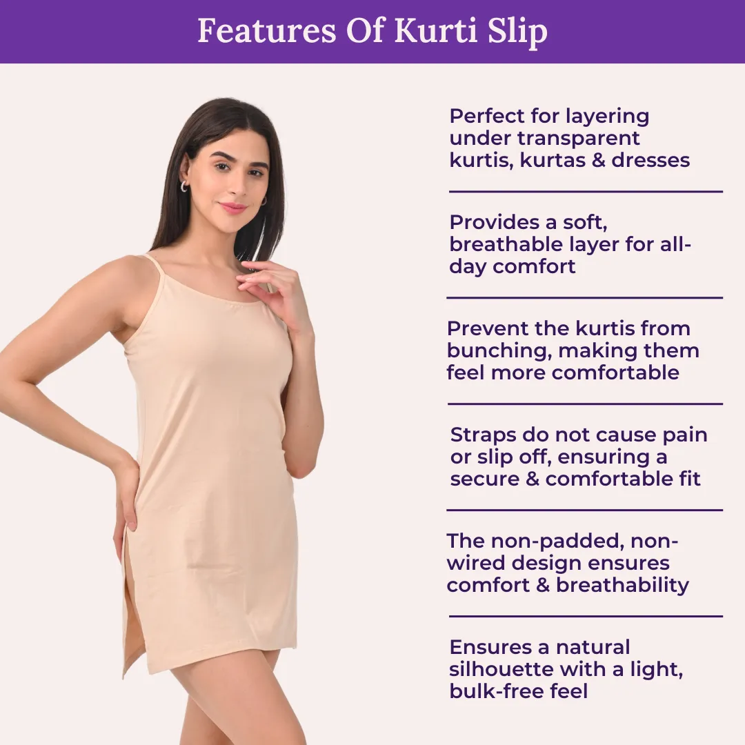 Inner Slip For Kurtis & Kurtas | Adjustable Straps | Front Round Neckline | Side Slits For Easy Movement
