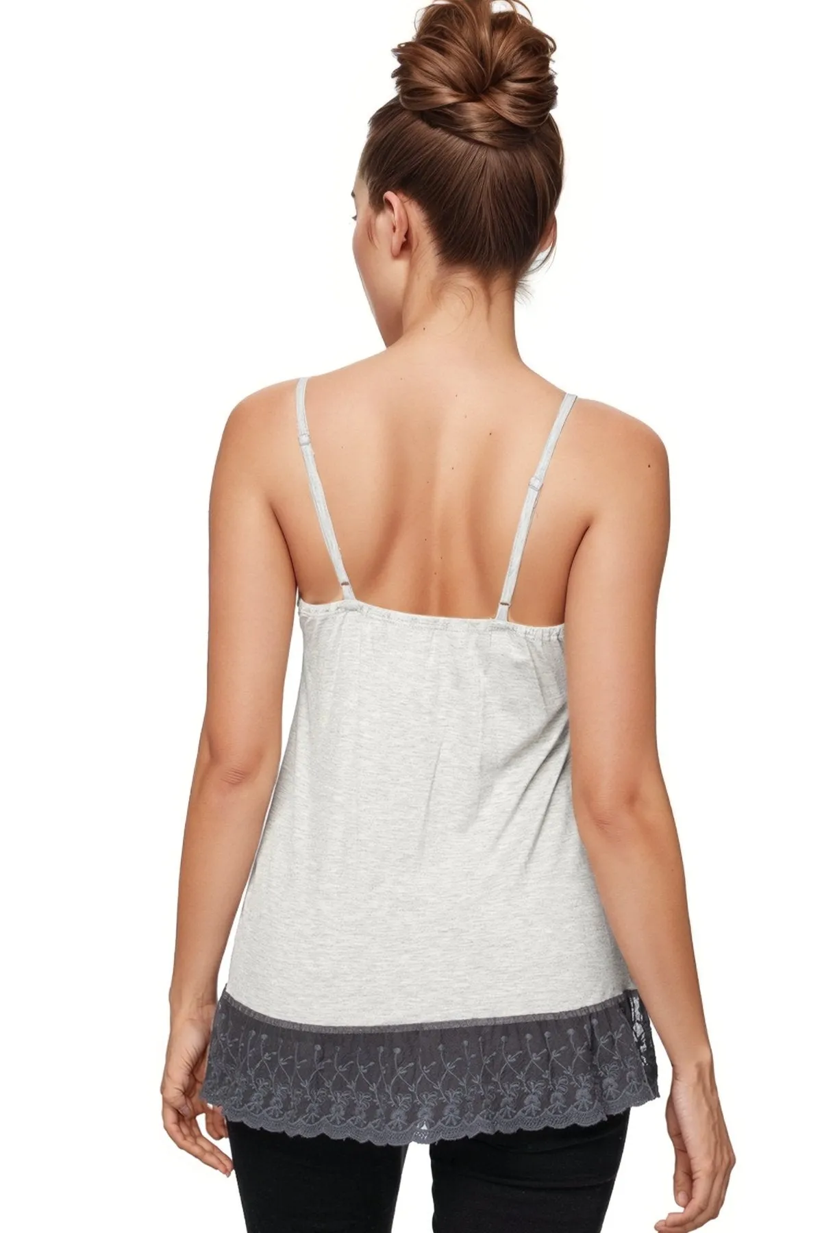 Knit Cami with Embroidery Lace Hem in Ash