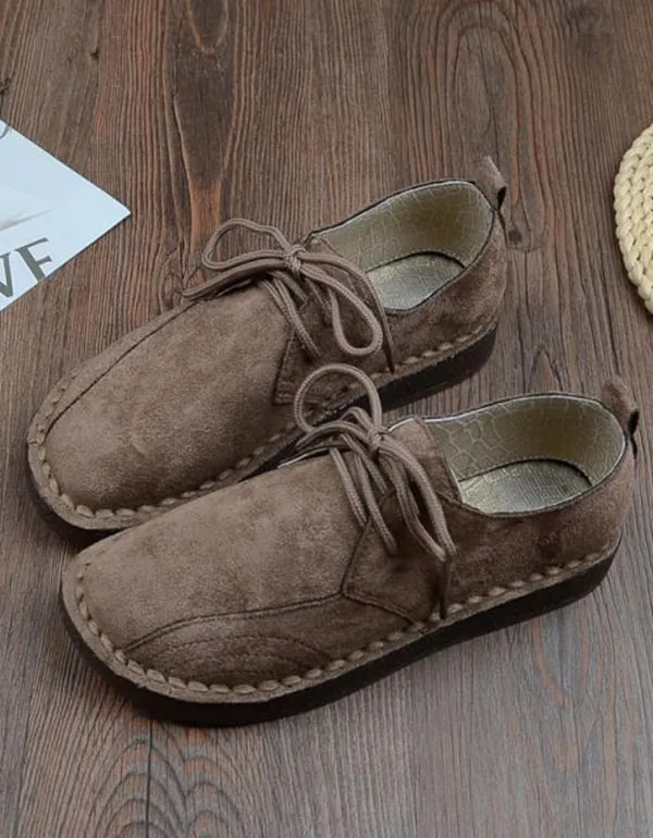 Lace-up Suede Hand-stitched Soft Flat Women's Shoes