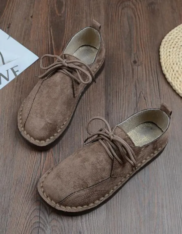 Lace-up Suede Hand-stitched Soft Flat Women's Shoes