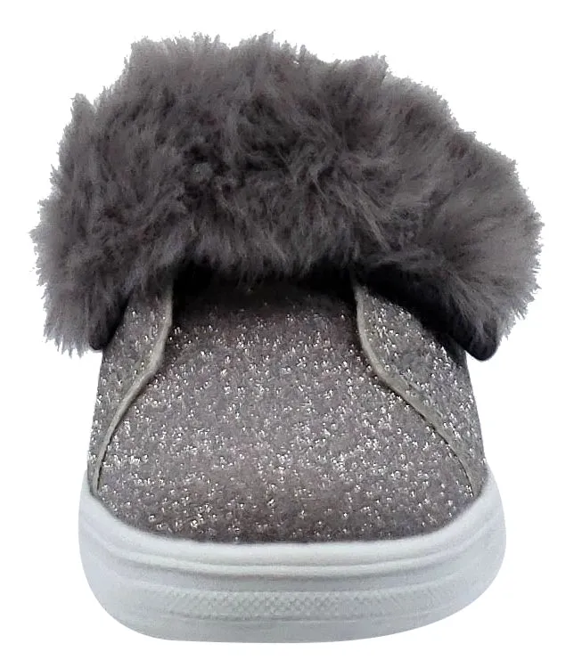 Lelli Kelly Girl's Silver Sparkle Hook and Loop Faux Fur Sneakers