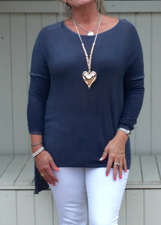 Long Lana Soft Fine Knit Jumper in Blue Made In Italy By Feathers Of Italy One Size
