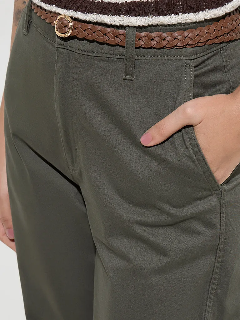 LOV Olive High-Rise Cotton-Blend Trousers