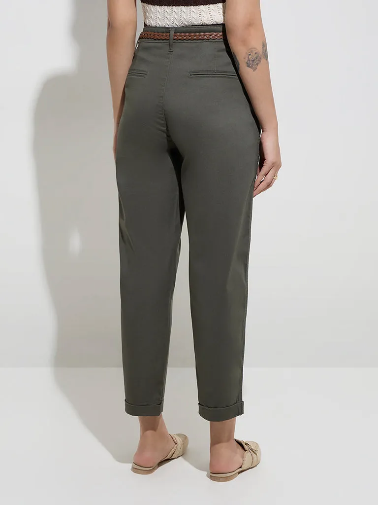 LOV Olive High-Rise Cotton-Blend Trousers