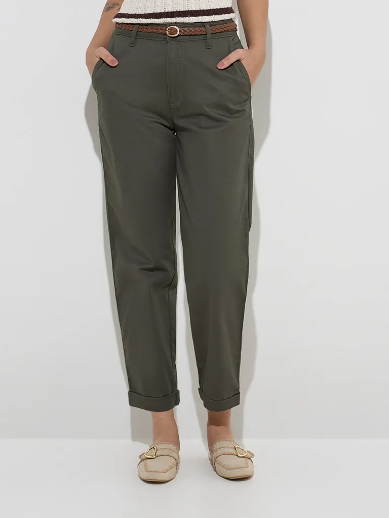 LOV Olive High-Rise Cotton-Blend Trousers