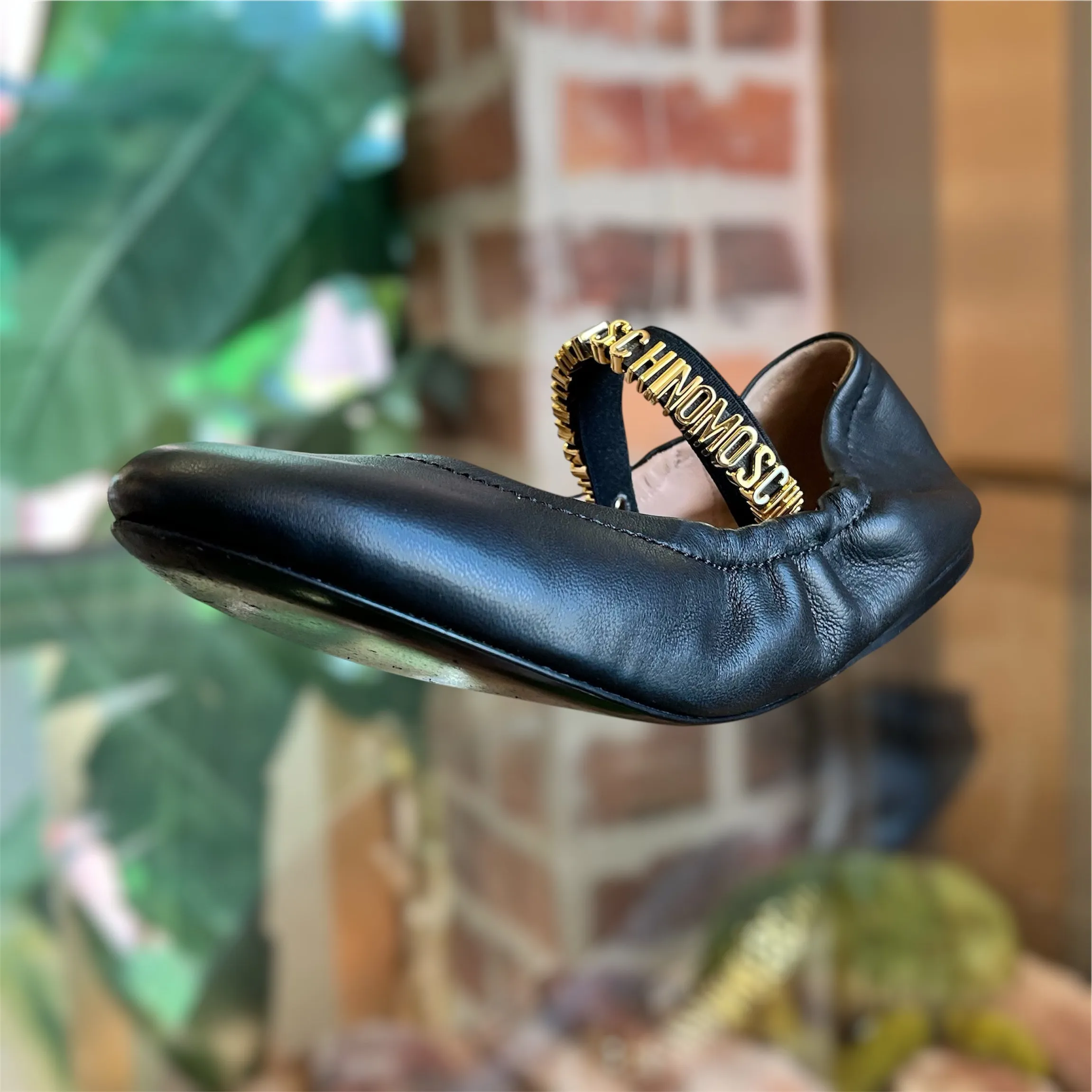 MOSCHINO Black Nappa Leather Logo Lettering Ballet Flats SZ39(9US) TS3931
