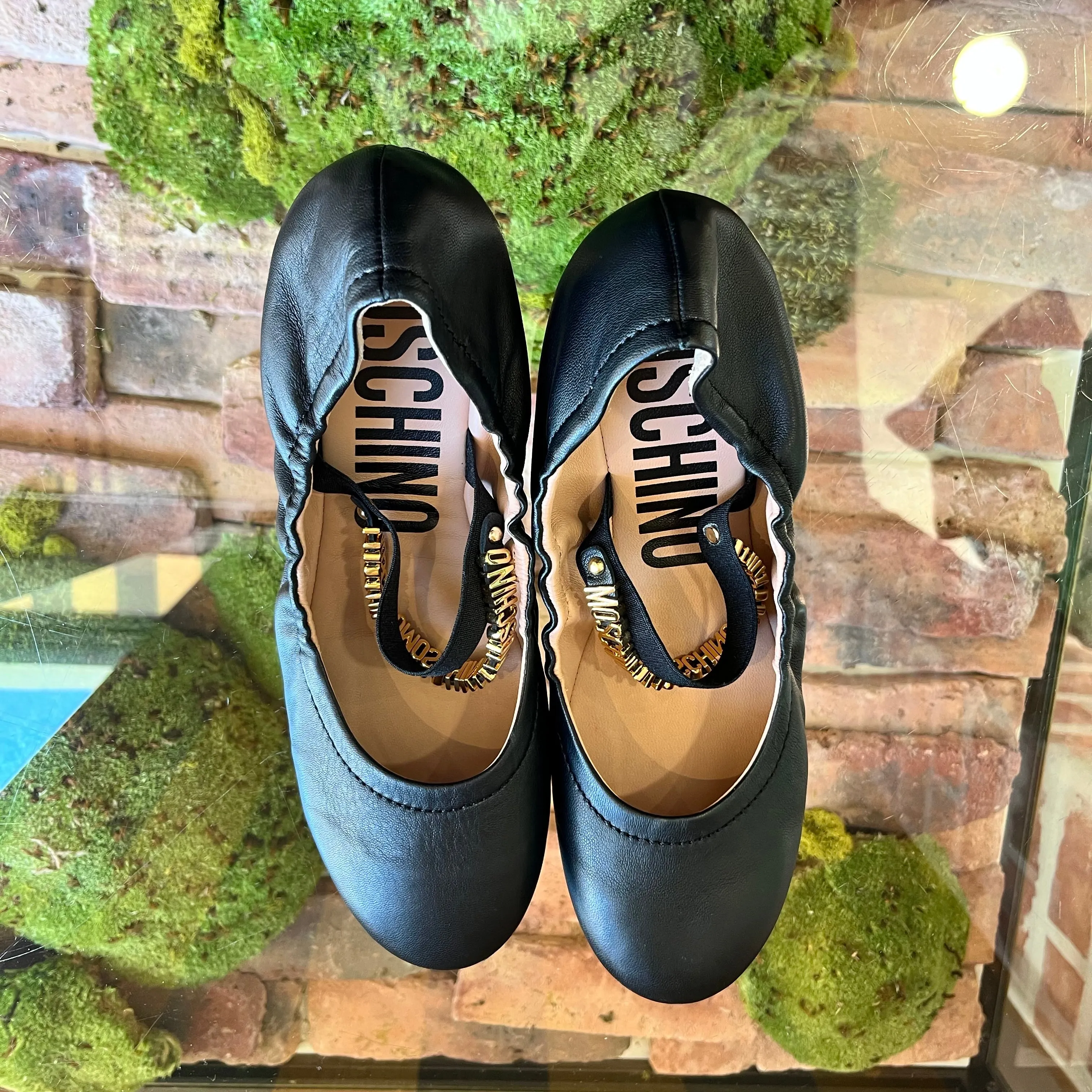 MOSCHINO Black Nappa Leather Logo Lettering Ballet Flats SZ39(9US) TS3931