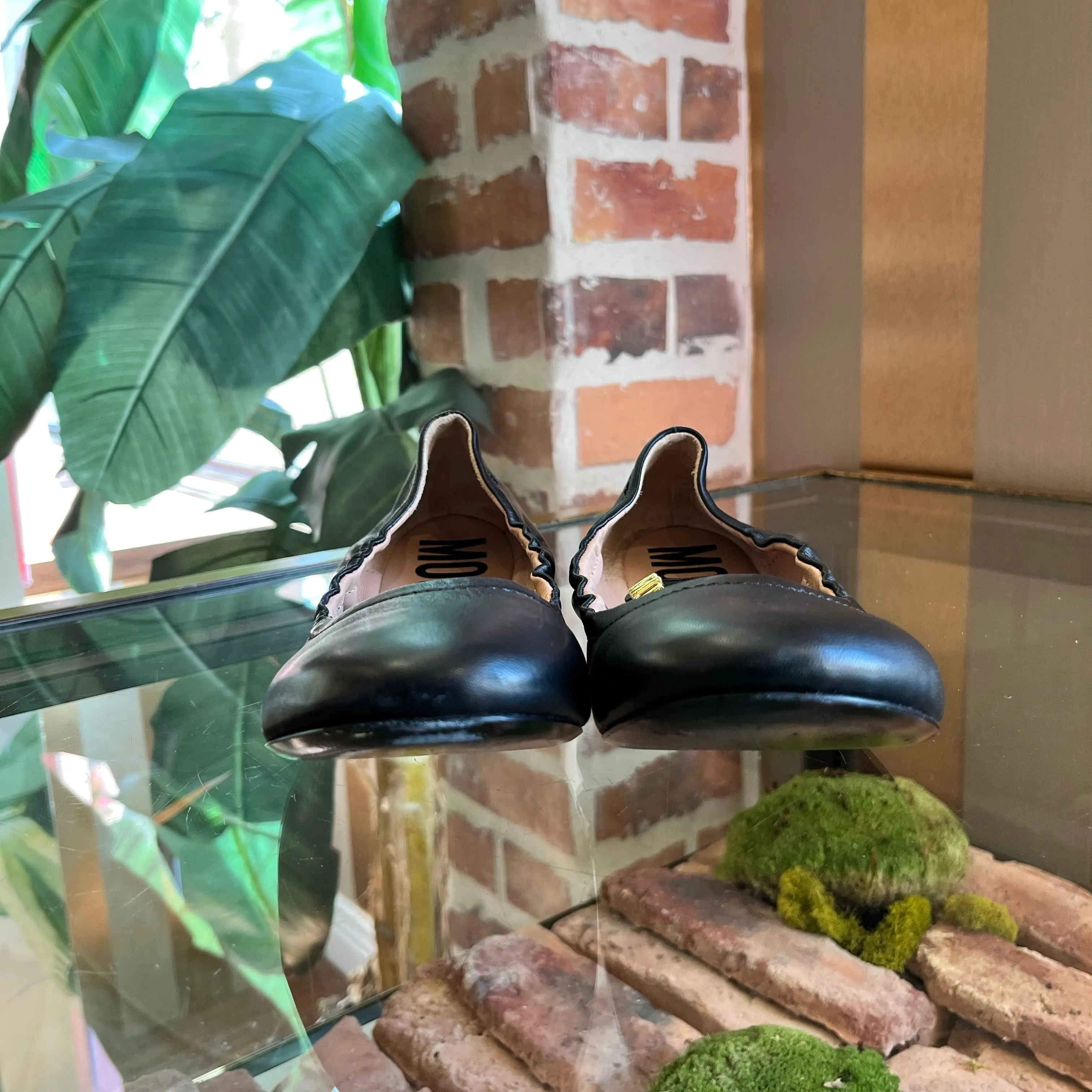 MOSCHINO Black Nappa Leather Logo Lettering Ballet Flats SZ39(9US) TS3931
