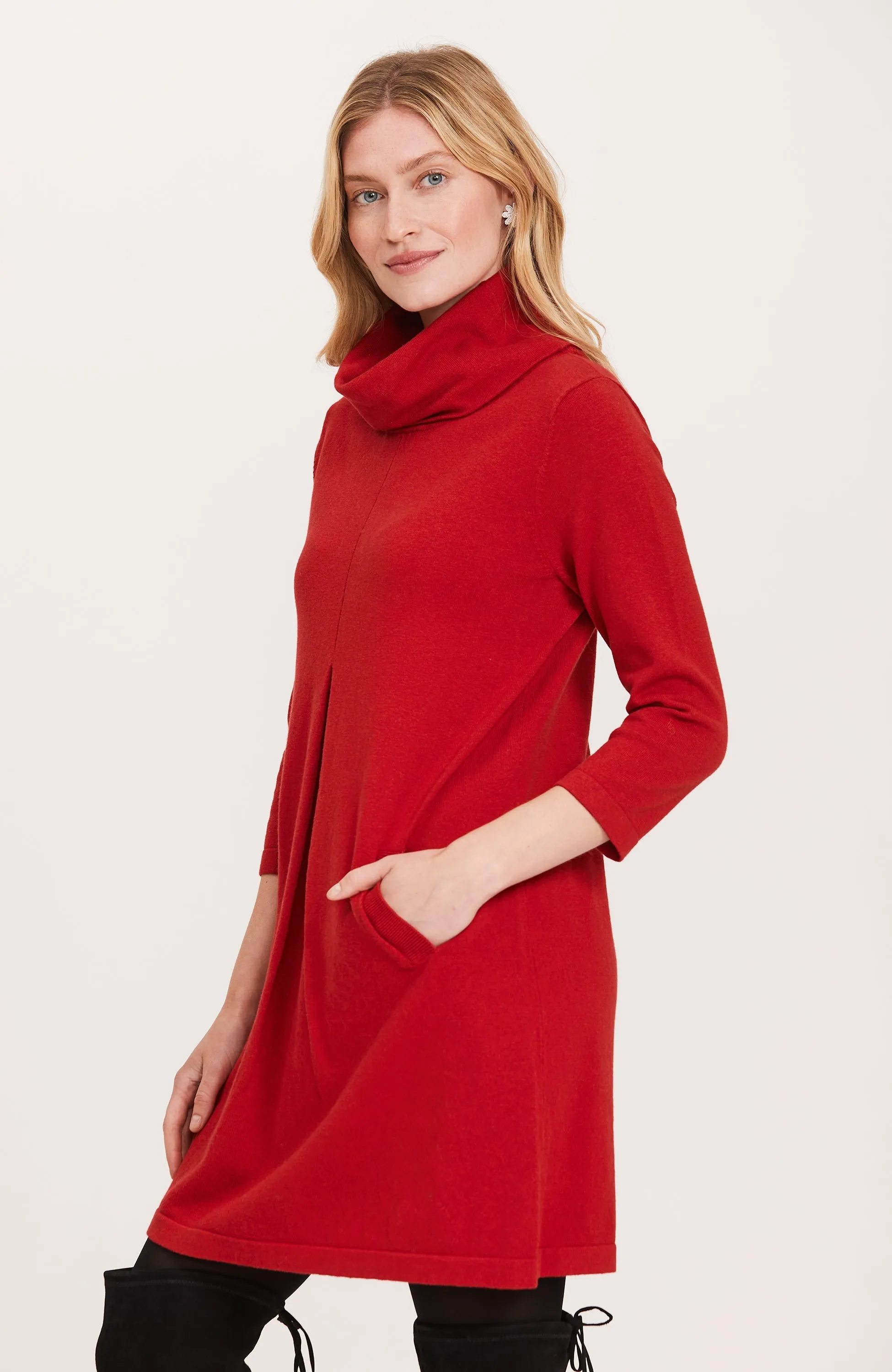 "Kim" Crimson Cotton Cashmere Cowl Neck Dress
