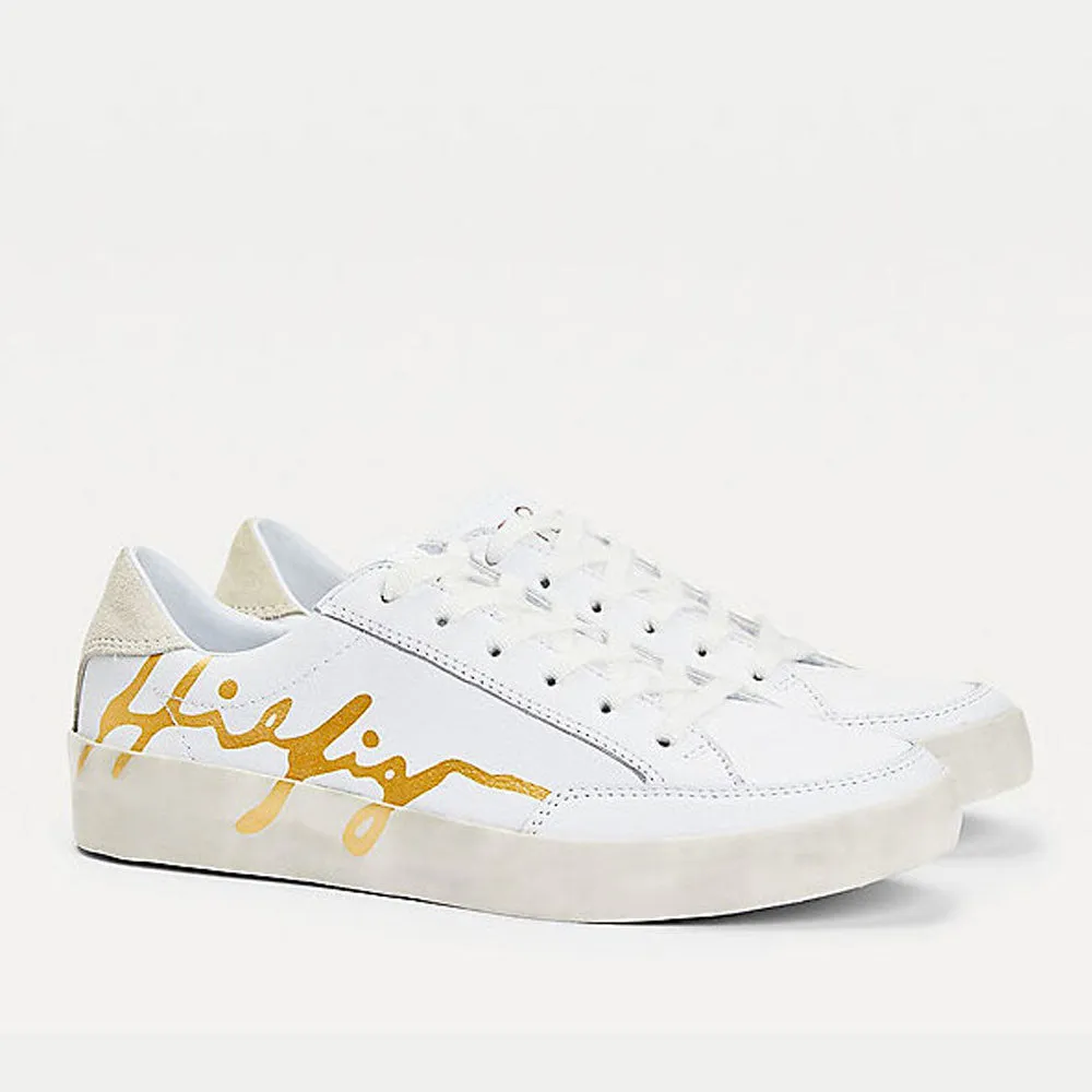 Scarpe Donna TOMMY HILFIGER Sneakers in Pelle Bianca con Logo Firma